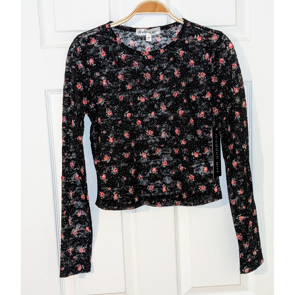 Madden Girl Juniors Floral Lace Long Sleeve Crop Top Black Pink Roses Sz. M NWOT